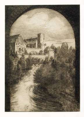 Obraz pod tytułem "Widok zamku w Olsztynie spod mostu kolejowego (od strony północnej)"