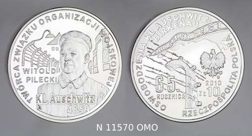 Obraz pod tytułem "moneta - 10 zł. 65 rocznica oswobodzenia KL Auschwitz - Birkenau"